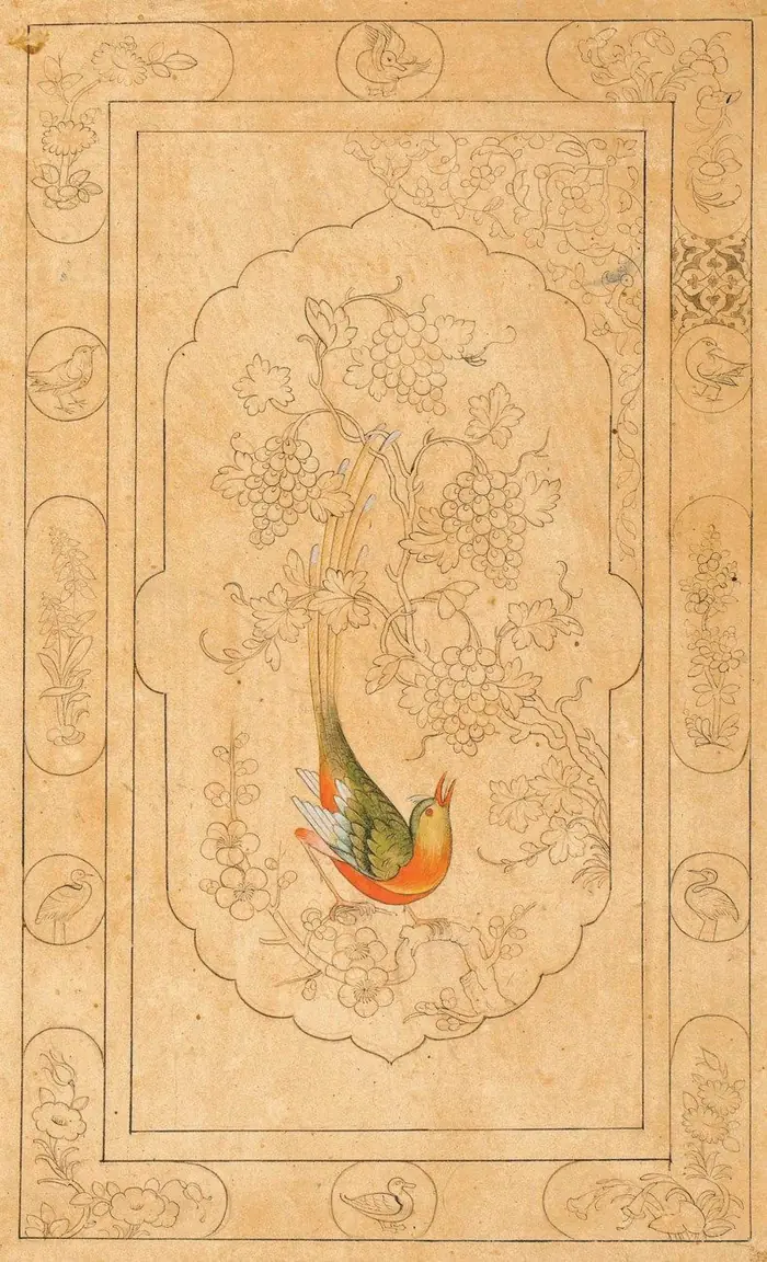 A gilded Tazhib page with a painted bird among vines