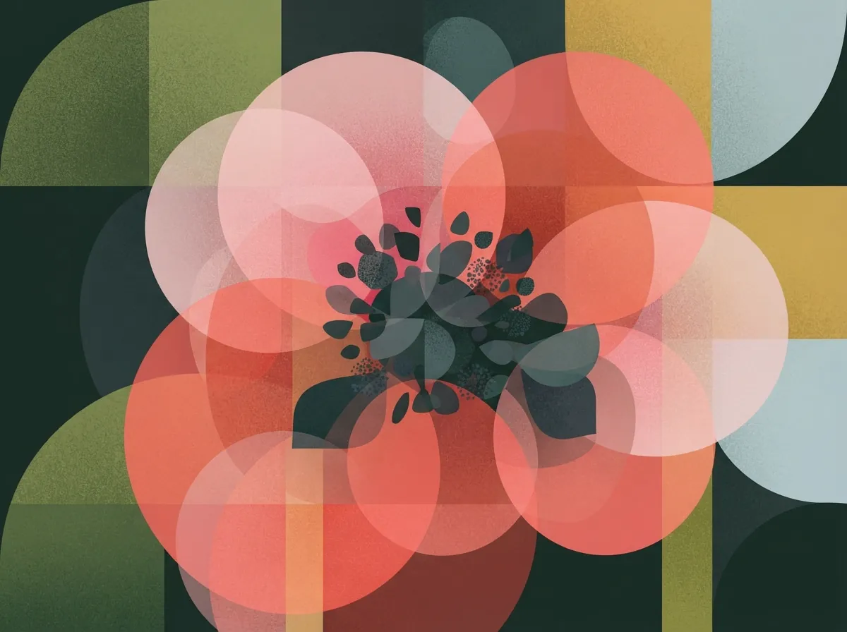 A large geometric flower in rose, coral and green, built from overlapping circles