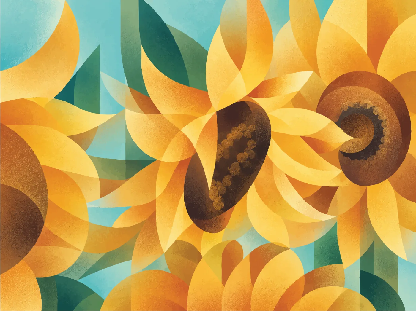 The same sunflowers rebuilt by Felores from arcs and geometric planes