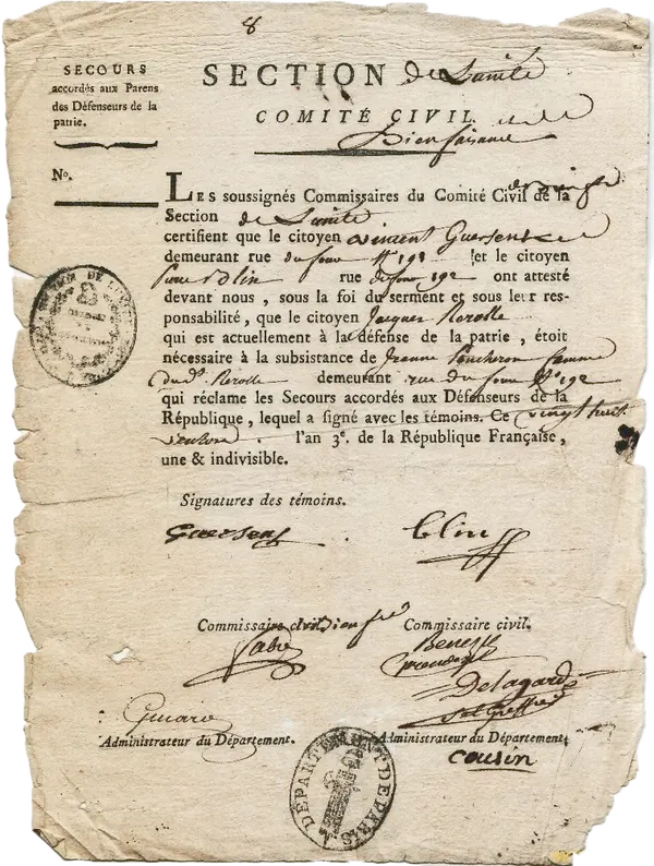 A worn French civil certificate from the 1790s with seals and signatures