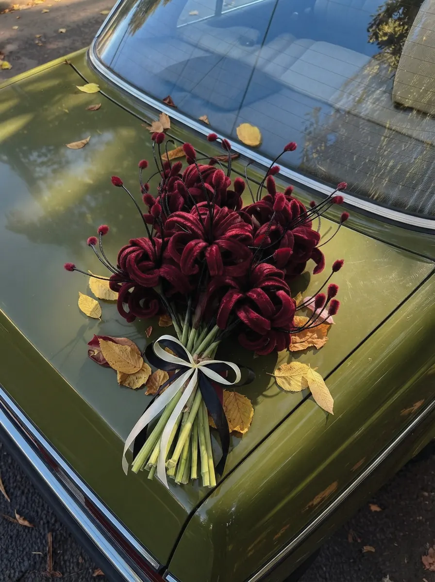 A bouquet of burgundy velvet spider lilies tied with cream ribbon, resting on an olive-green car among autumn leaves