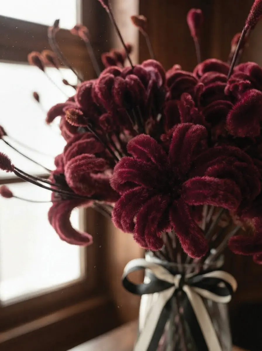 Burgundy velvet chrysanthemums in a glass vase, tied with a black and cream ribbon by a window