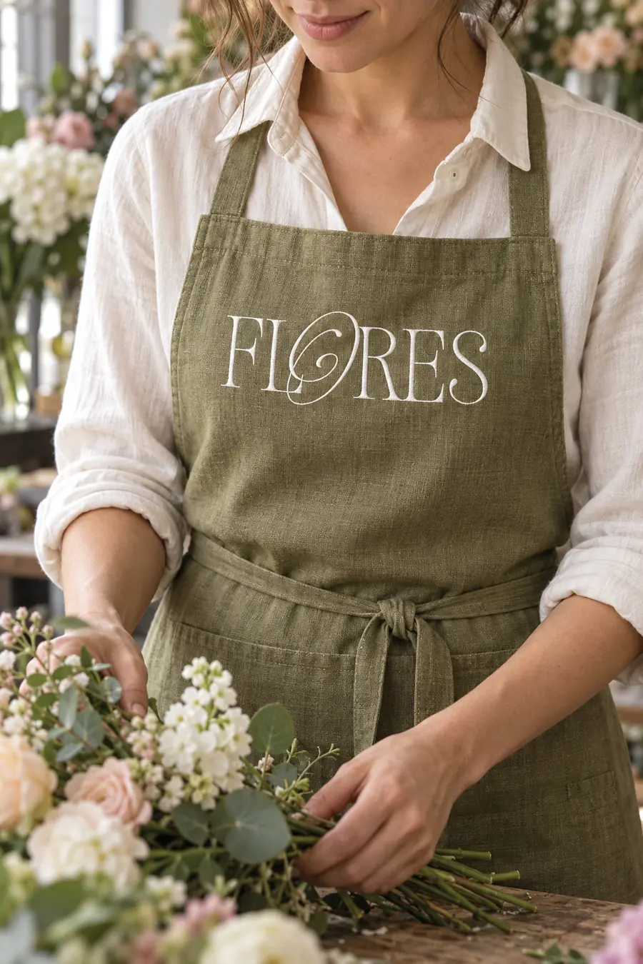 A Felores florist in an olive apron embroidered with the FLORES wordmark, arranging white flowers