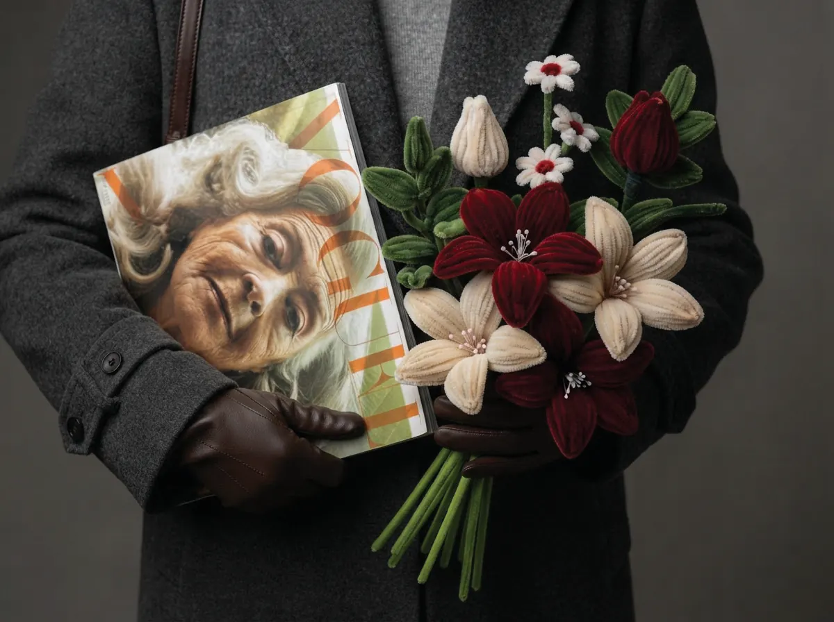 A bouquet of white lilies and red blooms held against a dark coat