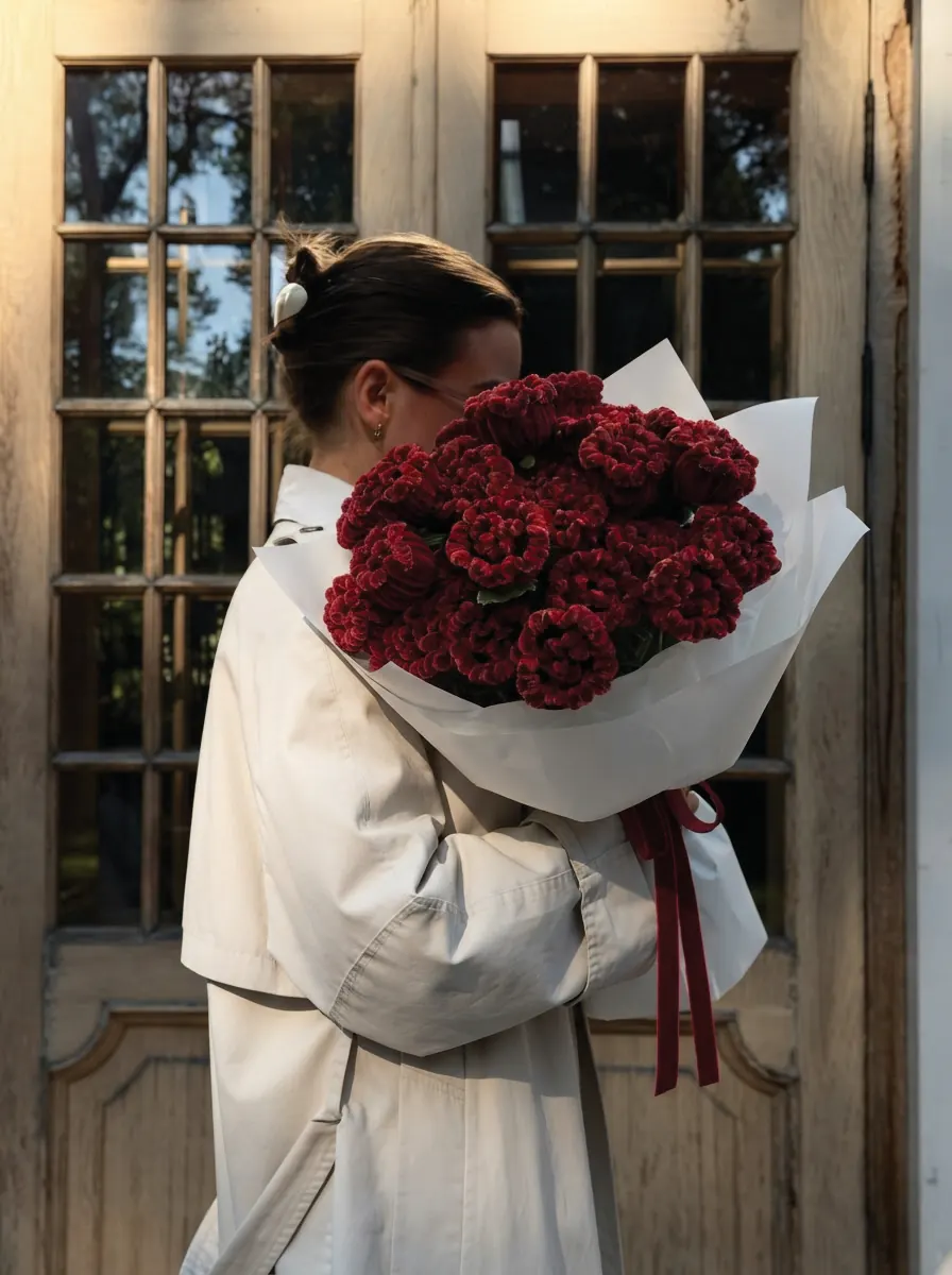 A woman in a cream coat holding a large bouquet of red roses in front of an old wooden door
